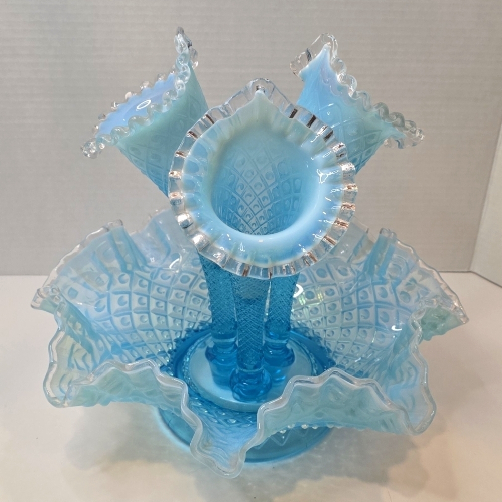 Fenton 3 Horn Blue Diamond Lace Epergne
